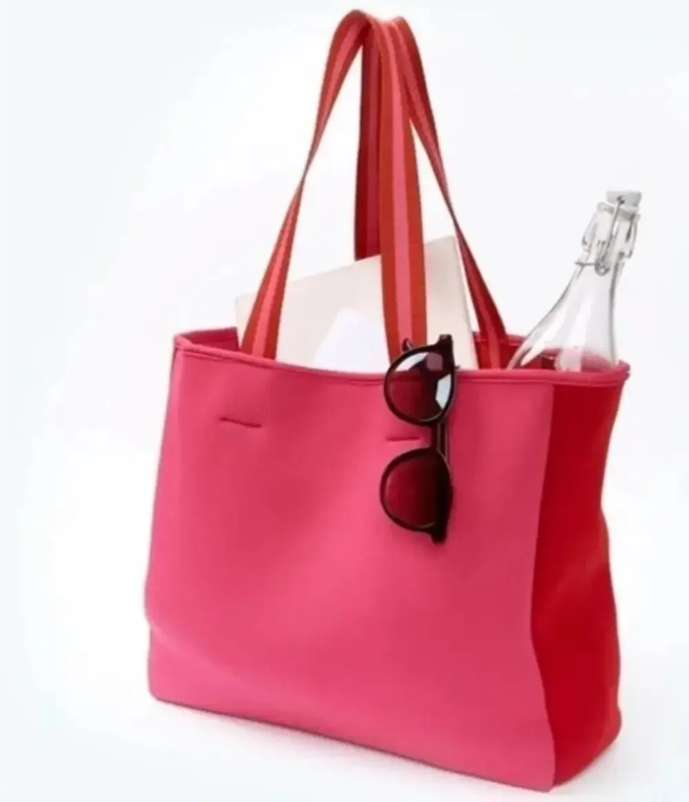 Summersalt Neoprene Pink Hisbiscus Red Lava Beach Tote Bag